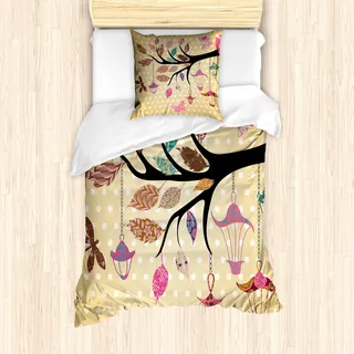 ABAKUHAUS Libelle Mantele, Vintage Boho Baum, Milbensicher Allergiker geeignet mit Kissenbezügen, 135 cm x 200 cm - 80 x 80 cm, Mehrfarbig
