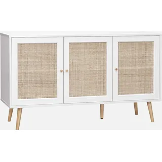 sweeek - Sideboard mit Holzoptik und Rattan-Geflecht B 120 cm - Antikweiß - Weiß