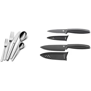 WMF Palermo Edelstahl Besteck Set 6 Personen, Essbesteck Set 30 teilig & Touch Messerset 2-teilig, Küchenmesser mit Schutzhülle, Spezialklingenstahl antihaftbeschichtet, scharf, Kochmesser, schwarz