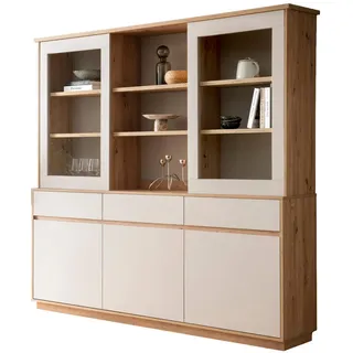 Furn.Design Buffet Kaschmir, Eiche Artisan 202 cm, Vitrinenschrank mit Soft-Close , Holzwerkstoff , Nachbildung,Eiche , Holz Optik , 8 Fächer , 3 Schubladen , Sockel , 202x199x40 cm , FSC Mix , Esszimmer, Anrichten, Buffetschränke