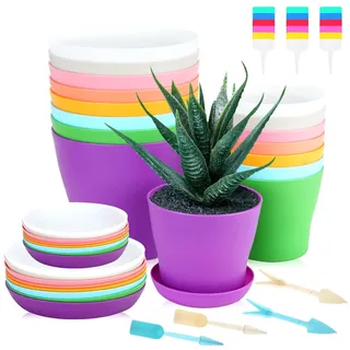 RETON 16 Stück Bunte Blumentopf Set, 10/14cm Pflanztöpfe Kunststoff mit Untersetzer und Ablauflöchern, Pflanzentopf mit 18 Pflanzenetiketten, 4 Umpflanzwerkzeuge, Blumentöpfe für Balkon Outdoor