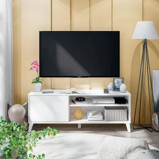 Dmora Fernsehschrank Ocosta, Ständer für Wohnzimmerfernseher, Niedriges Wohnzimmer-Sideboard, TV-Ständerbasis, 135x40 h50 cm, Weiß