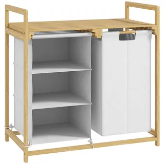 Homcom Wäschekorb 4 Fächer Wäschesammler mit 2 ausziehbaren Wäschesäcken Weiß , Bambusholz , Echtholz,Bambus , 36x70x70 cm , Haushalt & Reinigung, Wäschepflege, Wäschekörbe & Wäschetonnen