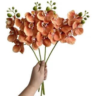 CURTEK Künstliche Blumen, fühlen sich echt an, Latex, Phalaenopsis, 45 cm, künstliche Orchideen-Stiel, Blumensträuße für Hochzeit, Party, Zuhause, Gartendekoration, Orange, 4 Stück