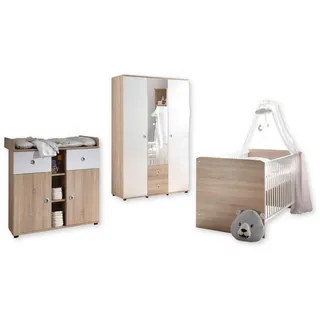 Stella Trading Wiki Babyzimmer Komplett-Set in Eiche Sonoma Optik/Weiß - Babyzimmer Möbel-Set 3-teilig bestehend aus Kleiderschrank, Babybett & Wickelkommode