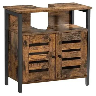 Badezimmerschrank - Waschbeckenunterschrank - Stahlrahmen - Lamellentüren - Verstellbarer Einlegeboden - Holz & Stahl - Vintage Braun/Schwarz