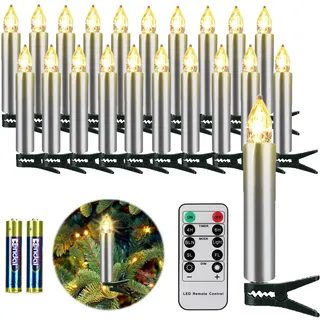 FREEPOWER 20er Silber LED Kerzen Weihnachtskerzen Kabellos mit Fernbedienung Timer Flackern Warmweiß Weihnachtsbaumkerzen Wasserdicht für Außen Innen Weihnachten Beleuchtung(mit 20 Batterien)