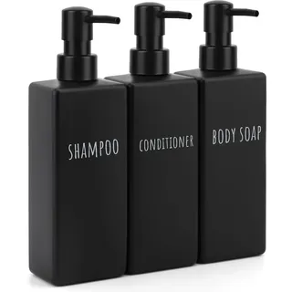 Segbeauty Seifenspender Schwarz Matt, 3 Stück Pumpflasche 500ml, Shampoo Spender für Dusche, Spülmittelspender Küche, Seifenspender Kunststoff mit Bedruckten Etiketten