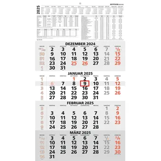 Zettler - 4-Monatskalender 2025 rot, 33x45cm, Bürokalender mit Jahresübersicht, Datumsschieber, faltbar, 4 Monate auf einen Blick, Feiertage DE /Ferientermine DE/AT/CH und deutsches Kalendarium