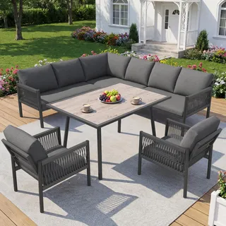 Flieks Gartenlounge-Set 6 teilig für 7-8 Personen, Gartenmöbelset mit Kissen, Tisch mit Holzoptik-Glasplatte, Sofagarnitur Terassenmöbelset, Grau - Grau