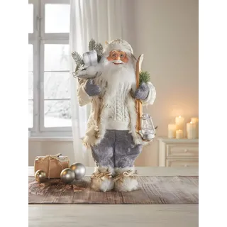 Dekoleidenschaft Dekofigur Winter 46 cm hoch, Weihnachtsmann aus Textil mit Kunstfell, Nikolaus mit Laterne, Ski & Geschenke-Sack, Santa Claus Figur, Christkind, Weihnachtsmannfigur, Nikolausfigur