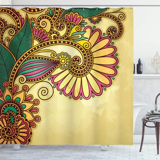 ABAKUHAUS Blumen Duschvorhang, Paisley Blumen-Blatt, Stoffliches Gewebe Badezimmerdekorationsset mit Haken, 175 x 240 cm, Gelb Mehrfarbig