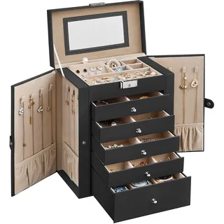 SONGMICS Schmuckkästchen 6 Ebenen, Schmuckkasten mit 5 Schubladen, viel Stauraum, innen mit Spiegel, abschließbar, Schmuckaufbewahrung, Geschenk für Ihre Liebsten, für Uhren, schwarz JBC152B01