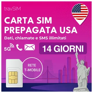 travSIM USA SIM Karte | T-Mobile Netz | Unbegrenzte Daten, Anrufe & Texte in den USA | SIM Karte USA funktioniert auf iOS & Android Geräten | SIM USA 14 Tage