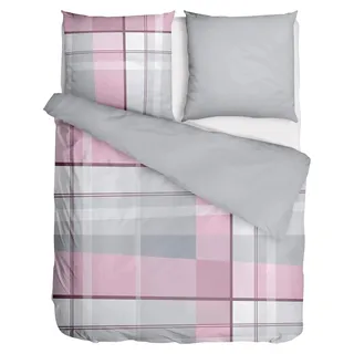 Biber Bettwäsche 135x200 Rosa 2tlg - Wendebettwäsche Grau Rosa - 100% Baumwolle - Rosa, Grau