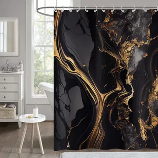 Hnmdmyi Duschvorhang Marmor 180x180, Schwarz und Gold Glitzer Duschvorhänge Abstrakt Riss Tinte Textur Modern Luxus Kunst Badewanne Vorhang Wasserdicht Polyester Stoff Waschbar Badevorhang mit Haken
