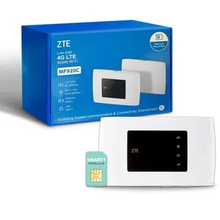 ZTE MF920U, CAT4/4G LTE Mobiles WLAN, entsperrt, tragbarer Hotspot, verbindet bis zu 10 Geräte, 2000 mAh Akku, inkl. kostenloser Smarty SIM-Karte, Weiß