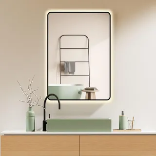HOKO LED Spiegel 100x70 cm Georgia mit Schwarzer Metallrahmen, HOCH+QUER Montage Ganzkörperspiegel. Energiesparend XL Spiegel +Touch Schalter+Licht Wechsel 2700-6500K, Warmweiß-Kaltweiß-Neutral