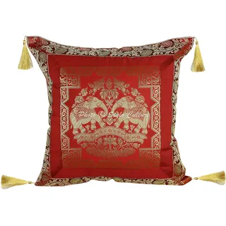 Stylo Culture Indische Dekorativ Brokat Seide Couch Kissenbezüge 45x45 cm Kastanienbraun Dekokissen Jacquard Quasten Schlafzimmer Sofa kopfkissenbezug Elefant Quadrat Kissenhullen - 1 STK.