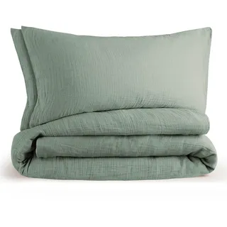 Everbrent Blumtal Musselin, Bettwäsche 200x220 cm - Bettbezug 200x220 , 2x Kissenbezug 40x80 Grün - Grün