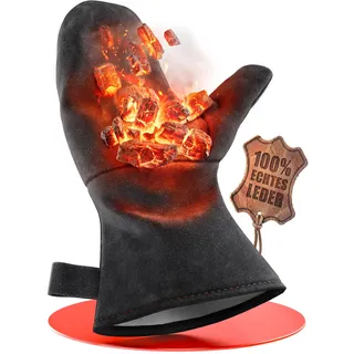 achilles Kaminhandschuh, Entspricht Norm EN407, Mit Thermoisolierung, Ofenhandschuh aus Leder, Schutzhandschuh feuerfest, Grillhandschuh, hitzebeständiger Leder Handschuh, schwarz