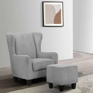 Home affaire Ohrensessel »Chilly, Sessel mit Hocker und Federkern-Polsterung,«, (Set, 2 St., bestehend aus Sessel und Hocker), in Cord und Microfaser-Bezug, Unser Dauertiefpreis, grau