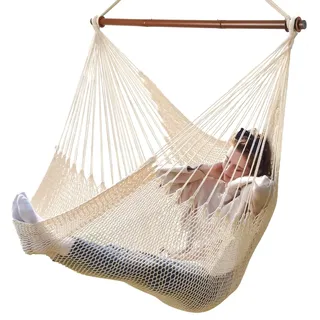 Bathonly Großer Hängesessel mit Metall-Spreizstange, bis 150 kg belastbar, Karibik Hängeschaukel, XL Handgewebt Hängestuhl für Indoor und Outdoor, Wohnzimmer, Terrasse, Garten, Balkon (Beige)