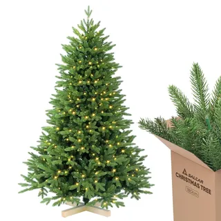 salcar Künstlicher Weihnachtsbaum 180 cm mit Warm LED-Beleuchtung und Holzständer, PE-Spritzguss und PVC Tannenbaum (Ø ca. 120 cm) mit Schnellaufbau-Klappsystem
