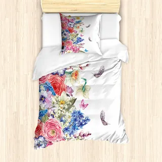 ABAKUHAUS Jahrgang Bettbezug Set für Einzelbetten, Lebhafte Blumen Natur, Milbensicher Allergiker geeignet mit Kissenbezug, Rosa Blau