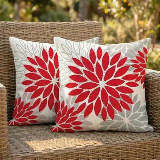 Luzzxfa 2er Set Outdoor Kissenbezug 50x50 cm Wetterfest Dahlien Dekokissen Zweiseitiges Muster Rot Grau Blumen Sofakissen Modern Kissen Leinen Kissenbezüge Dekorative für Sofa Garten Balkon Camping