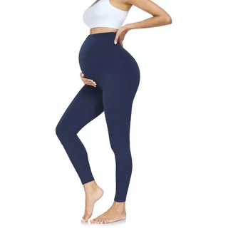 FuelMeFoot Damen Umstandsleggings High Waist Schwangerschaftsleggings Umstandshose Blickdicht Stretch Elastisch Weich Lang Yoga. Navy S