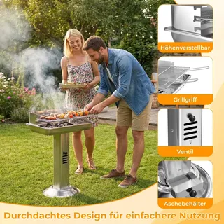Wetterfester Edelstahl-Kohlegrill - Säulengrill - Höhenverstellbarer verchromter Rost - Aschebehälter - Belüftung - Piezozündung - Sauerstoffmangelsicherung - Schwarz - Schwarz