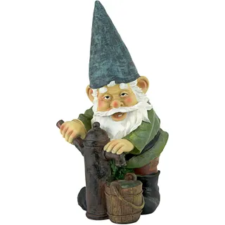 Design Toscano Wasserpumpen Pete, Gartenzwerg Statue, Handgegossen mit echtem Steinsplitt, Vollfarbig, Freestanding, Outdoor, Zeitgenössisch, Gnomes, Pete, Gartenzwerg