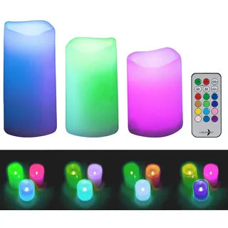 Lunartec LED Tischlampen: 3er-Set dimmbare RGB-LED-Kerzen mit Timer & Fernbedienung, bunt, IP44 (Kerzen außen, Garten, Docht)