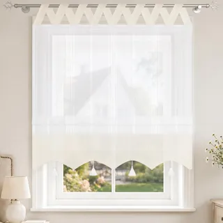 Joyswahl Leinenoptick Raffrollo mit V Schlaufen Catrin 100x140cm Beige | Raffgardine, Längsstreifen, Farblich abgesetzte Blende, 1 Stück, Schlaufenrollo, Fensterrollo innen, Landhausstil