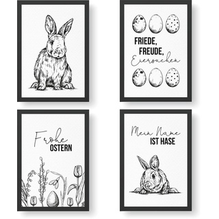 Papierdrachen 4 Premium Poster zu Ostern | DIN A4 | Wandbilder für Wohnzimmer und Küche - Schwarz-Weiß - hochwertige Kunstdrucke | Dekoration | Wandbild Set