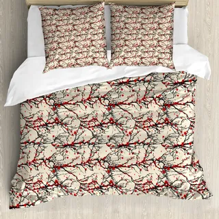 ABAKUHAUS Kirschblüte Bettbezug, Rote Blumen-Baum, Milbensicher Allergiker geeignet mit Kissenbezügen, 155 cm x 220 cm - 80 x 80 cm, Beige Scarlet Black - Beige