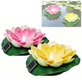 AXVRAV 2 Stück Schwimmende Lotuslichter Solar, LED Schwimmende Blumen, Wasserdichte Künstliche Seerose Lotusblüte für Außen Solarbetriebene Lotus Laterne für Schwimmbad Garten Hof Brunnen (Gelb,Rosa)