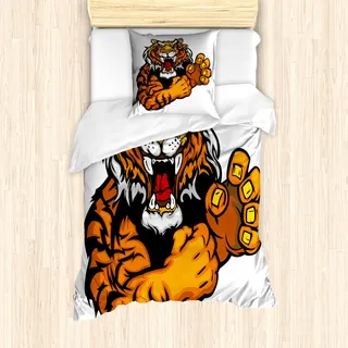 ABAKUHAUS Tiger Mantele, Cartoon Verärgerte Wilde Katze, Milbensicher Allergiker geeignet mit Kissenbezügen, 135 cm x 200 cm - 80 x 80 cm, Schwarz und Orange - Orange