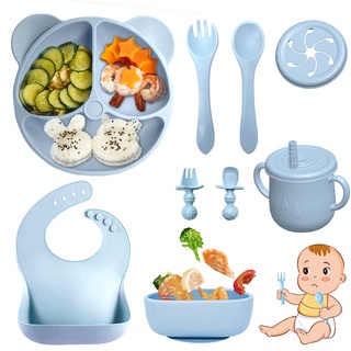 Bizcasa 9 Stück Silikon Baby Geschirrset, Rutschfest Kindergeschirr Set, Kindergeschirr mit Saugnapf, Rutschfest Baby Schüssel,Baby-Teller, Baby-Besteckset für Kleinkinder, BPA Frei (Blau)