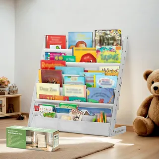 COSYLAND Bücherregal Kinder mit 6 Oxford-Stoff Fächern - Kinderbücherregal aus Naturholz - Bücherregal Kinderzimmer mit abgerundeten Ecken & großer Kapazität 75L x 30B x 76H cm(Weiß)