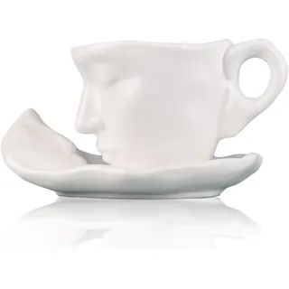 Hochwertige Keramik Tasse mit Gesicht I Kaffeetasse-Set mit Untertasse: Ideal für alle Kaffeeliebhaber I Mikrowellen- und Spülmaschinenfest in Elegantem Weiß & Schwarz (Weiß)