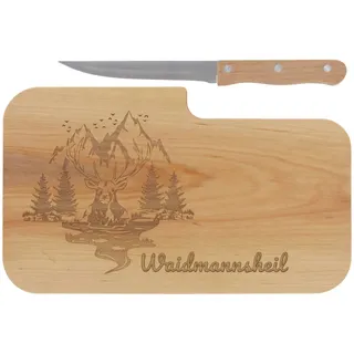 LASERHELD | Brotzeitbrett Holz mit Gravur “Waidmannsheil” & Messer | 26 x 15 cm | Frühstücksbrettchen Holz Schneidebrett Jausenbrett | Geschenk für Jäger zum Vatertag Vatertagsgeschenk
