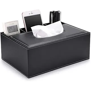 PU-Leder Taschentuchbox Household Office Rechteckige Tissue Box mit Remote-Aufbewahrungsbox Serviettenhalter für zu Hause Schreibtisch-Aufbewahrungsbox, Schwarz