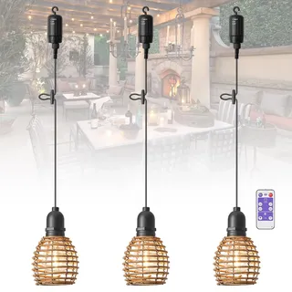 SUCIKORIO 3er Pack Hängelampe Outdoor Akku, Boho Rattan Hängelampe mit Batterie Außen Wasserdicht Hängeleuchte Mit Fernbedienung Dimmbar Pendelleuchte ohne Strom für Zelt, Camping, Garten, Dekorative
