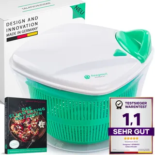 freegreen® Germany Salatschleuder [5L] mit patentierten Zugmechanismus, Siebeinsatz & Deckel mit integriertem Wasser-Ausgießer I [inkl. Salat-Rezepte] I Salatschüssel zum stilvollen Servieren