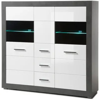 Furn.Design Highboard weiß Hochglanz, grau Stone 149 cm, Vitrine mit viel Stauraum , Weiß Hochglanz, Grau , Kunststoff , Nachbildung , Uni , 6 Fächer , 2 Schubladen , 149x142x42 cm , Kleinmöbel, Kommoden, Highboards