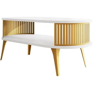 Mirjan24 Couchsitch Roenni Oval Gold , Goldfarben, Weiß , Metall , Oval,Oval , 50x44x100 cm , Wohnzimmer, Wohnzimmertische, Couchtische