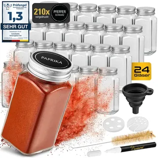 Cuccinara® 24 Gewürzgläser Eckig 120ml mit 210 Etiketten, Aluminiumdeckel & Streueinsätzen (grob & fein) - Luftdichte Gewürzdosen inkl. Trichter, Permanentmarker & Bürste - Spülmaschinenfest