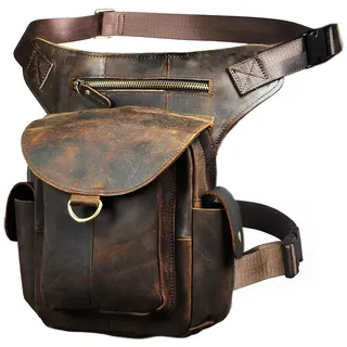 Le'aokuu Herren Echtes Leder Tasche Schultertasche Gürteltasche Beinbeutel Beintasche Hüfttasche Drop Leg Thigh Bag Reisen Messenger Bag 9938 (01 Braun)